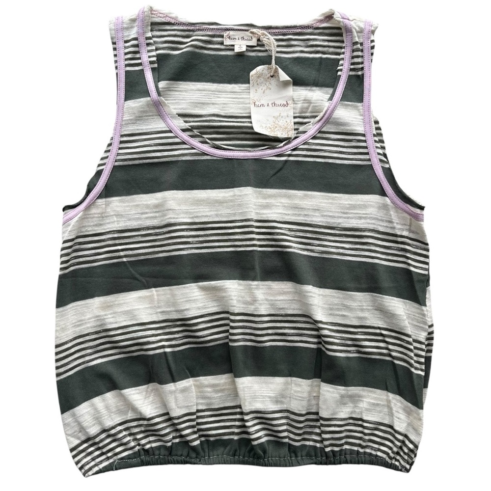 Hem & Thread Women’s L Cream Green Striped Elastic Stretch Waist Tank Top #35070